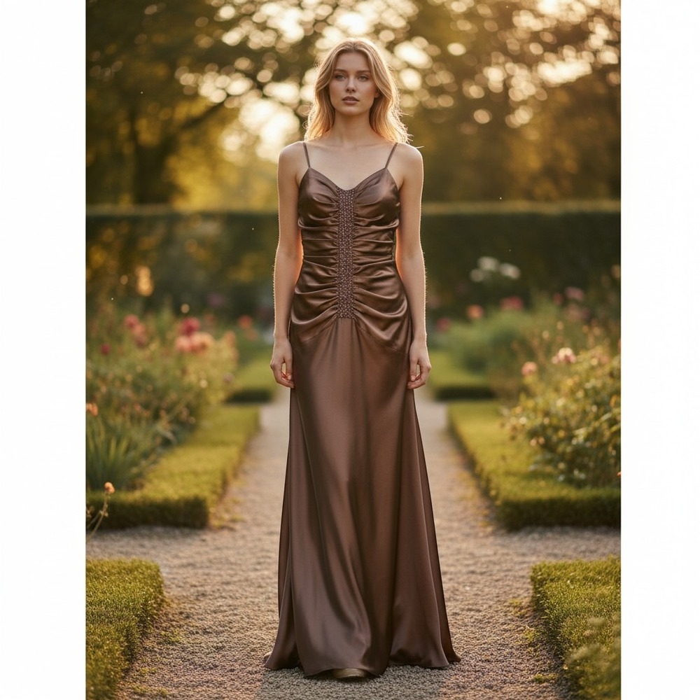 Lenovia USA Bronze Satin Ruched Rhinestone Evening Gown XL Prom Formal Dress